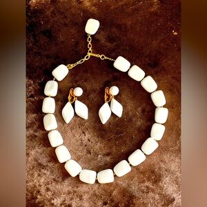 Vintage Trifari milk, glass, rare necklace, and earrings  Set